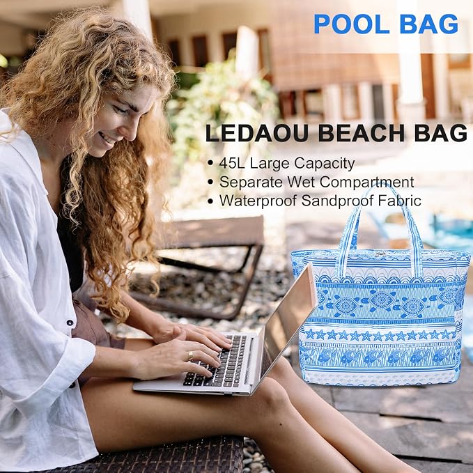 LEDAOU Beach Bag Waterproof Sandproof Women Tote Bag Pool Bag - Image 8