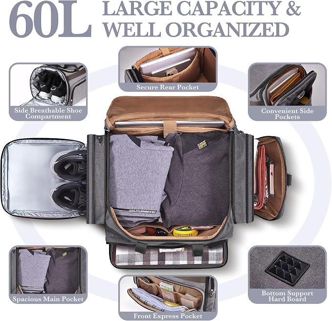 SHOWKOO Duffle Bag for Travel 60L Expandable Canvas Travel Bag Durable Vintage - Image 3