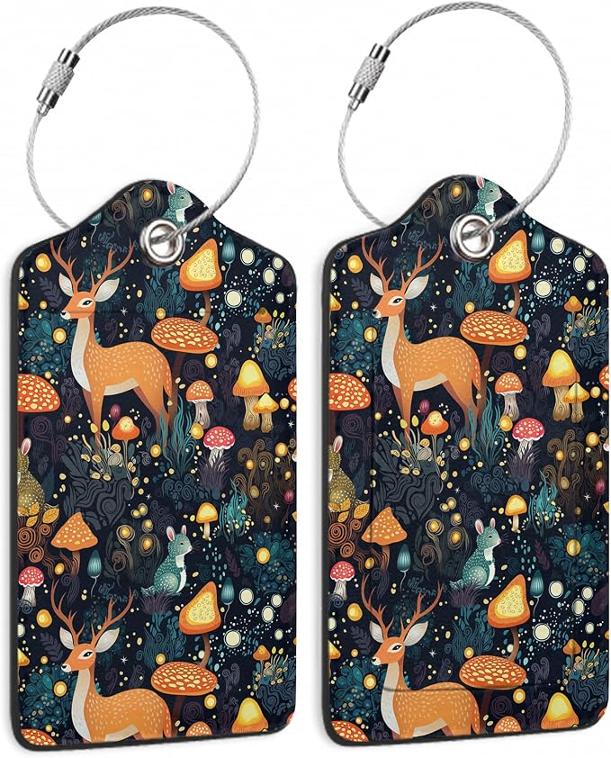 2 Pack Mushrooms Luggage Tag for Suitcases Deer Forest Animal PU Leather Bag by SKYDAWNY
