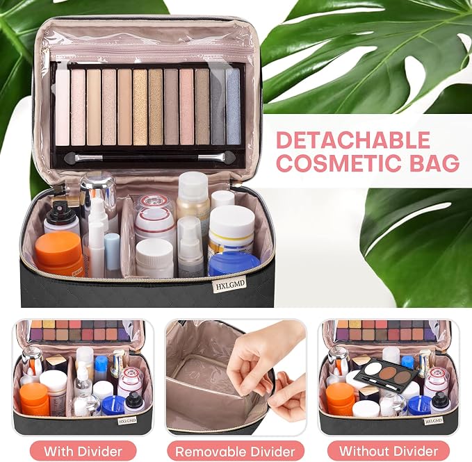 Large Makeup Bag with Mirror Double Layer Travel Make Up Organizer Case - Image 4