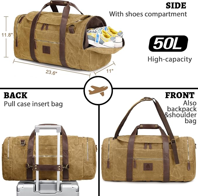 50L Duffle Bag for Men, Nomad Waxed Canvas Travel Duffel Bag Vintage Genuine - Image 3