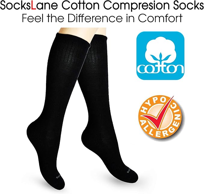 Cotton Compression Socks for Women & Men. 15-20 mmHg Support Knee-High Black X/W - Image 2