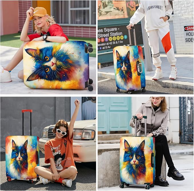 ANNA QUEEN Colorful Cat Luggage Cover, Artistic Blue Cat Design - Image 2