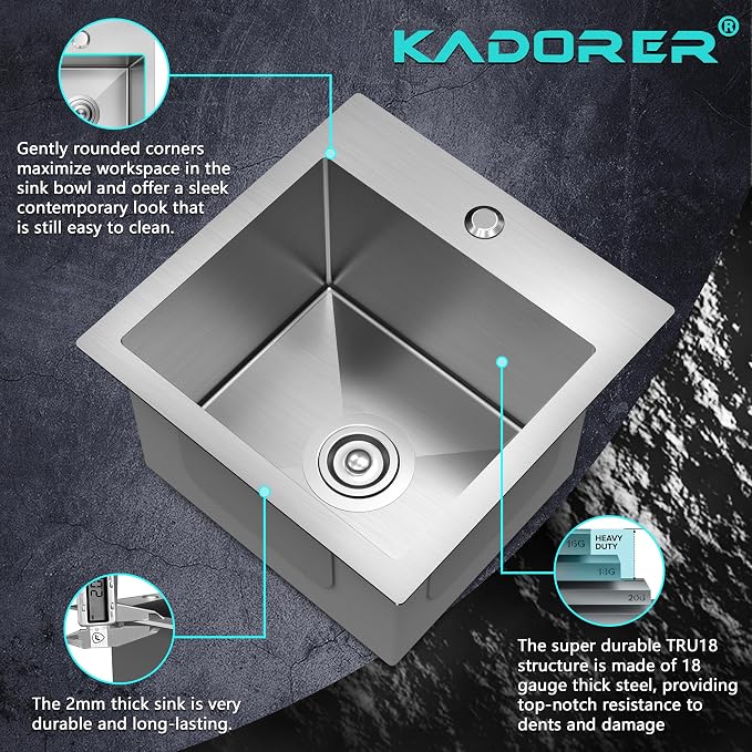 15 x 15 Inch Drop In Kitchen Bar Sink, Stainless Steel Single Bowl Topmount Bar - Image 5