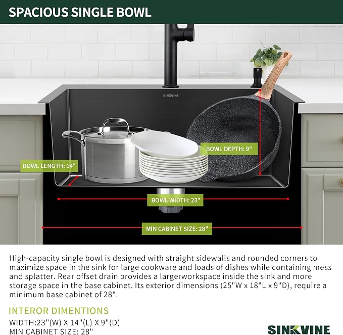 Black Kitchen Sink Drop-In 25 x 18 inch, SINKVINE PVD Nano Stainless Steel - Image 4