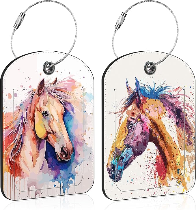 2 PCS Leather Luggage Tags for Suitcase Watercolor Horse Travel Luggage Tag by Unknown