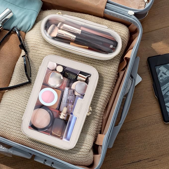 Travel Clear Makeup Bag with Makeup Brush Bag, Leather Makeup Case Toiletry Bag - Image 2