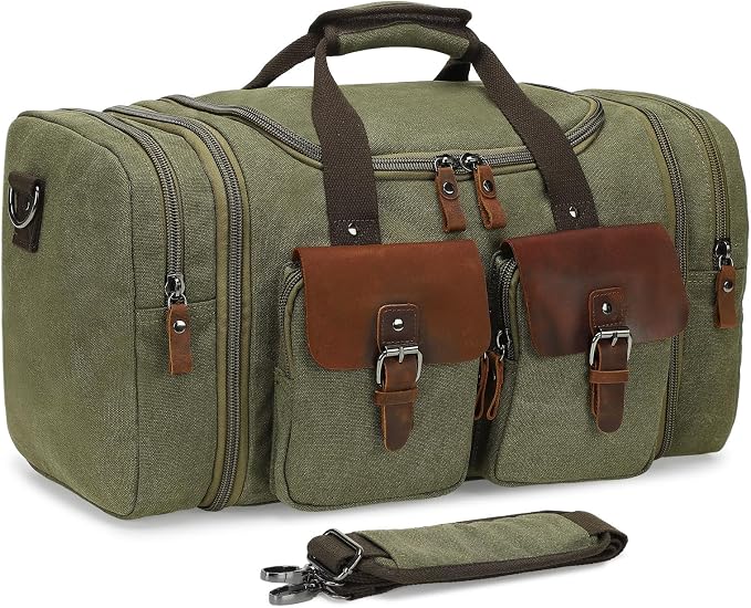 Canvas Duffle Bag with Genuine Leather Accents, Expandable 20-23 Inch Travel by SUIKIHUM