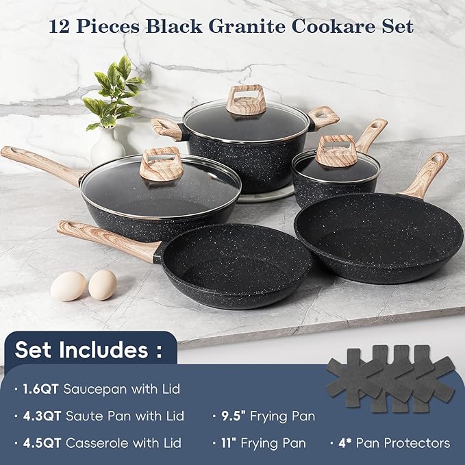 12 Pcs Pots and Pans Set, Nonstick Cookware Sets Black Granite Induction - Image 3