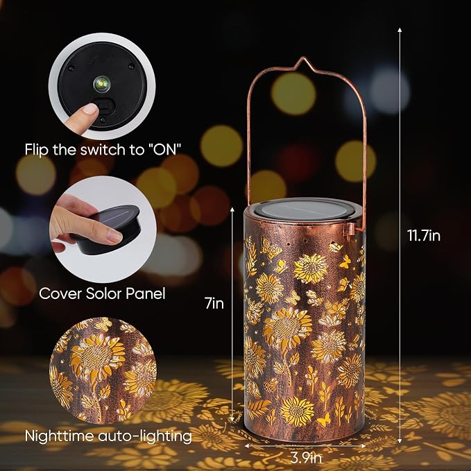 Homemory Sunflower Solar Lanterns Lights Outdoor Waterproof, Hollowed-Out Metal - Image 4