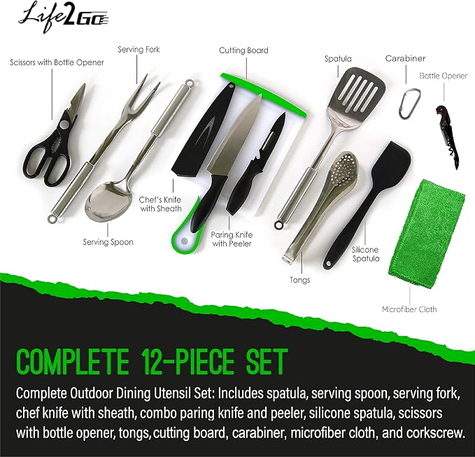 Life2Go 12 Piece Camp Cooking Utensil Set & Outdoor Kitchen Gear Cookware Kit - Image 2