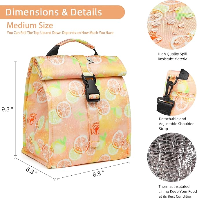SUNNY BIRD Insulated Lunch Bag Rolltop Lunch Box Tote Bag - Image 4