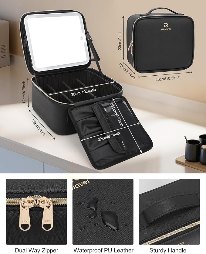 Relavel Makeup Bag with Light Up Mirror, Makeup Case Travel Cosmetic Bags Brush - Image 7