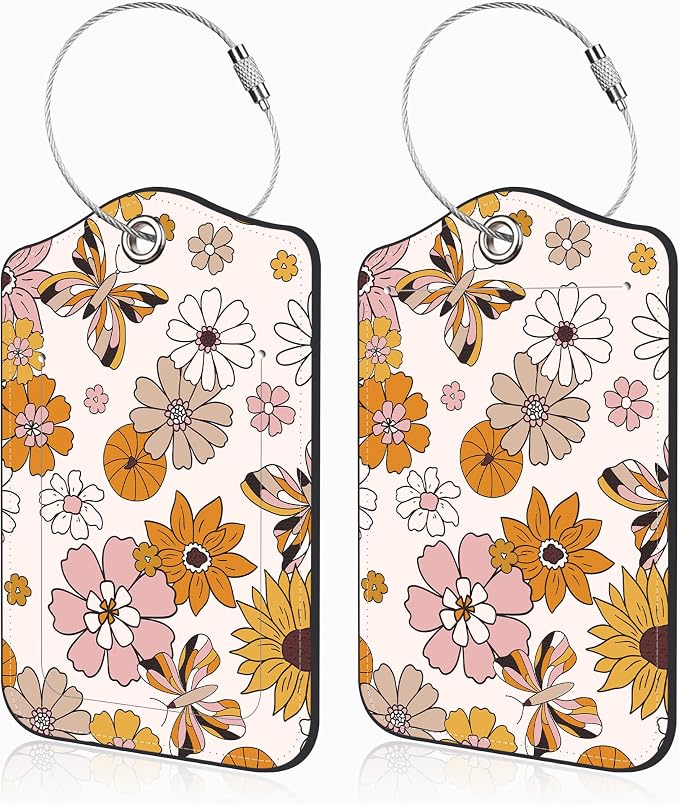2 Pack Luggage Tags for Suitcases Retro Groovy Flowers and Butterfly Leather by Unknown