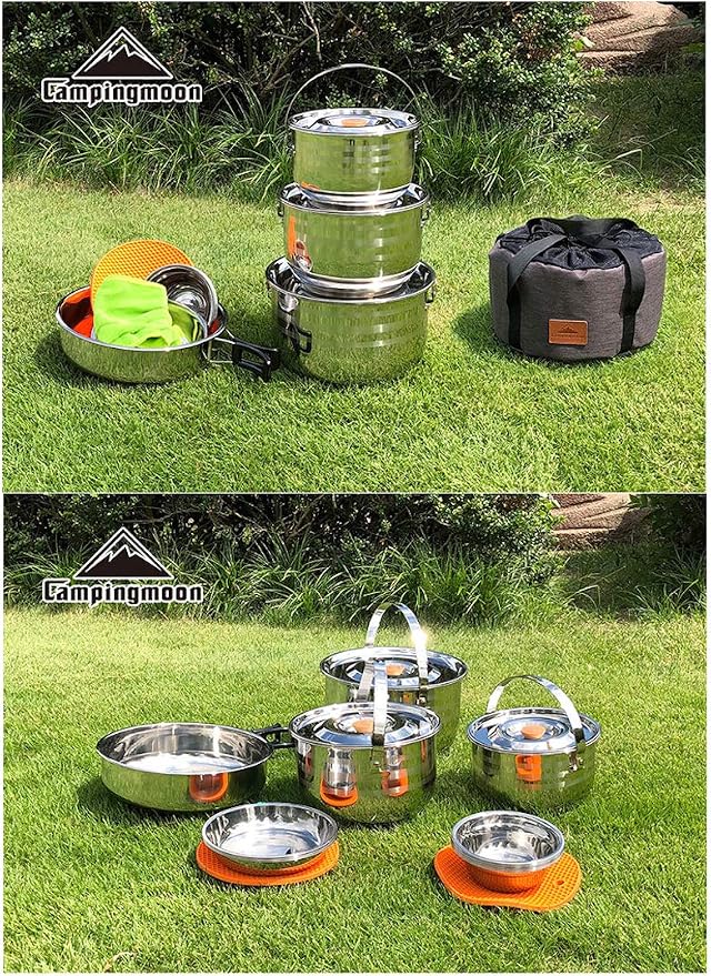 CAMPINGMOON Camping Cookware Set Stainless Steel Outdoor Nesting Cooking Mess - Image 6