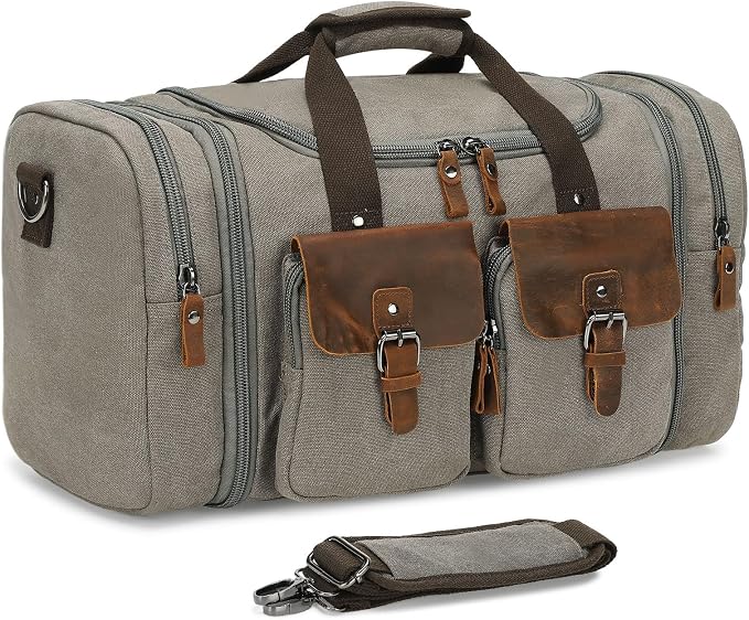 Canvas Duffle Bag with Genuine Leather Accents, Expandable 20-23 Inch Travel by SUIKIHUM