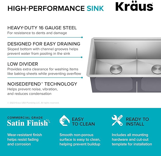KRAUS Kore 33-Inch Undermount Workstation 16 Gauge Double Bowl Stainless Steel - Image 7