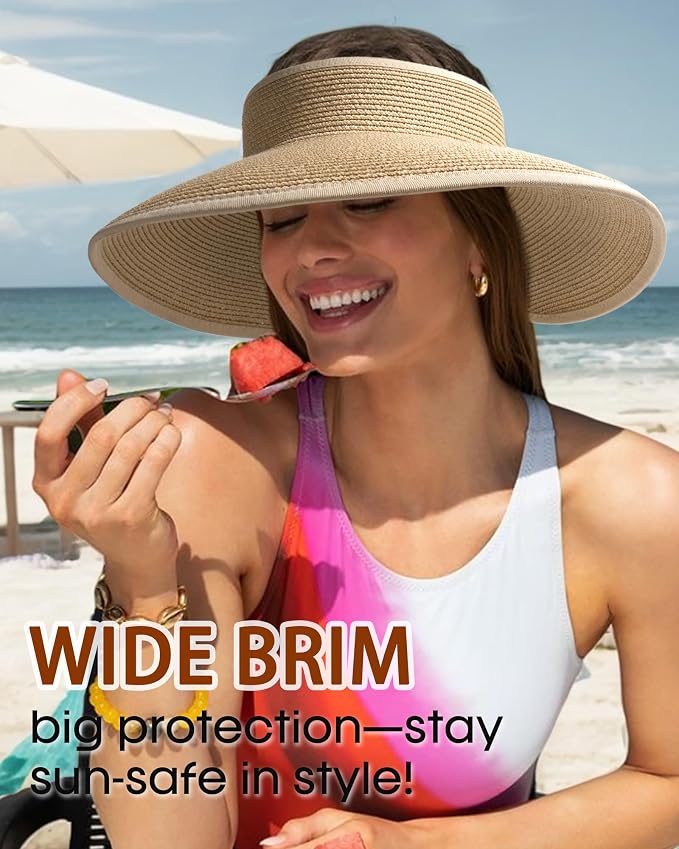 Womens Sun Visor Hats Wide Brim Straw Beach Hat UV Protection Ponytail Packable - Image 2