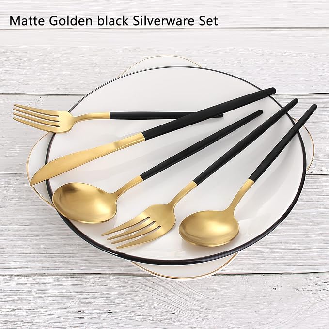 Matte Black Gold Silverware Set, 40-Piece Stainless Steel Flatware Set - Image 3