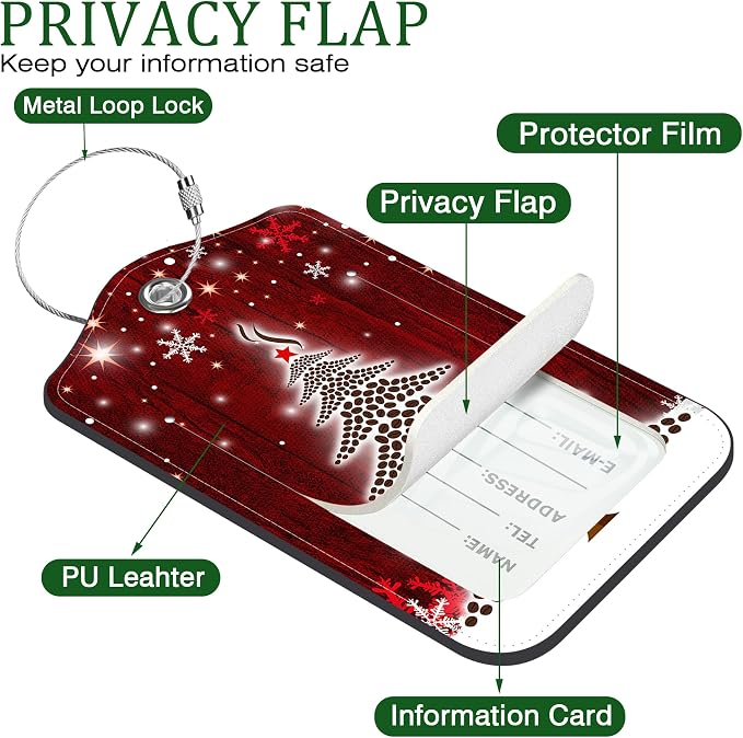 2 PCS Leather Luggage Tags for Suitcase Christmas Tree Snowflake Red Travel - Image 3