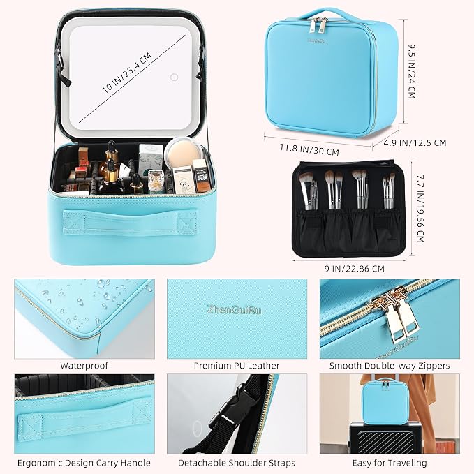 Travel Makeup Bag with LED Mirror – Waterproof Cosmetic Train Case with - Image 3