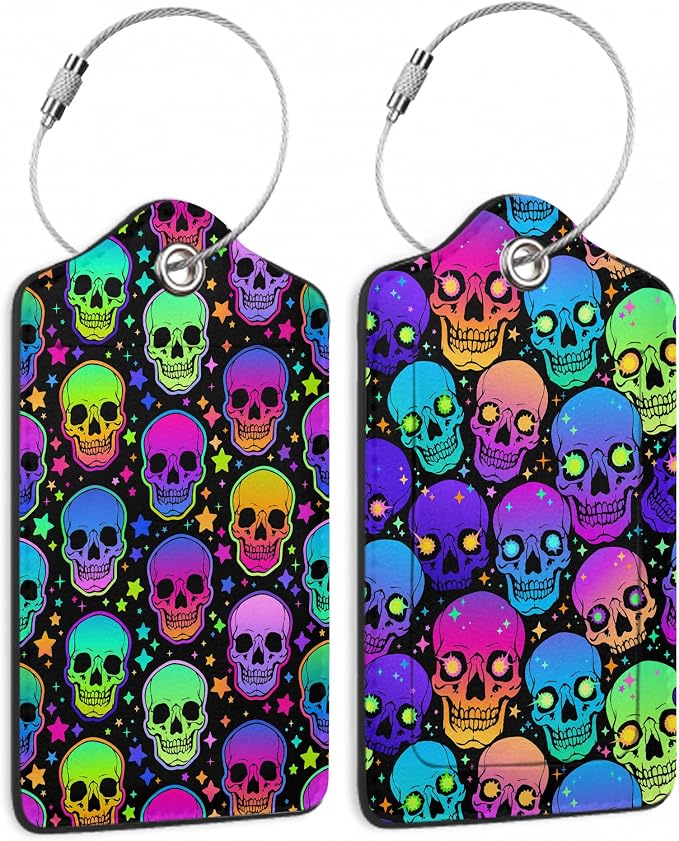 Neon Bright Human Skulls 2 PCS Luggage Tags, Privacy Cover ID Label by DEMACYA