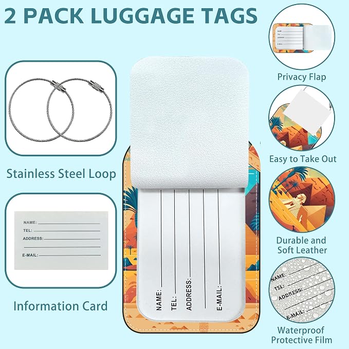 2 Pack Cute Luggage Tag for Suitcases Pyramid of Egypt Leather Luggage Tags - Image 2