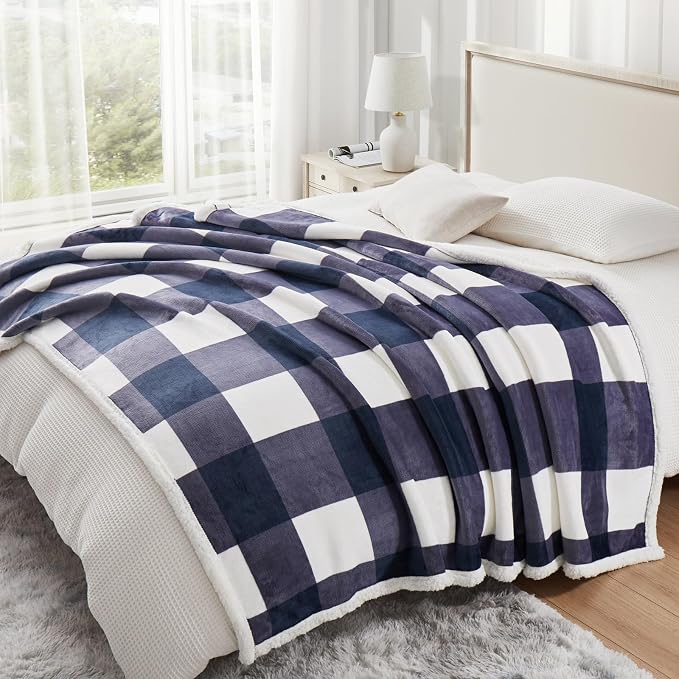 PU MEI Sherpa Blanket Fleece Throw Blanket Full Queen Plaid Thick Bed Blanket - Image 4