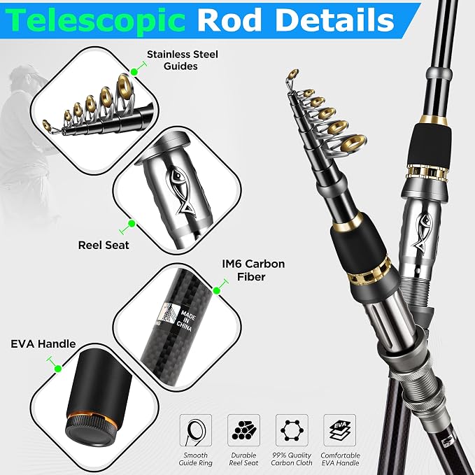 PLUSINNO Fishing Rod, Telescopic Fishing Rod and Reel Combo, Collapsible Travel - Image 2