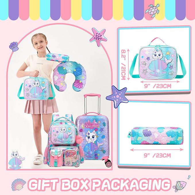 Cute Cat Kid’s Luggage Set 5 Piece Suitcase Set 16’’ Hardside Luggage - Image 4