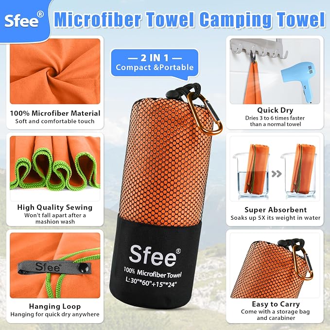 Sfee 2 Pack Microfiber Travel Towel, Quick Dry Towel Camping Towel Beach Towel - Image 2
