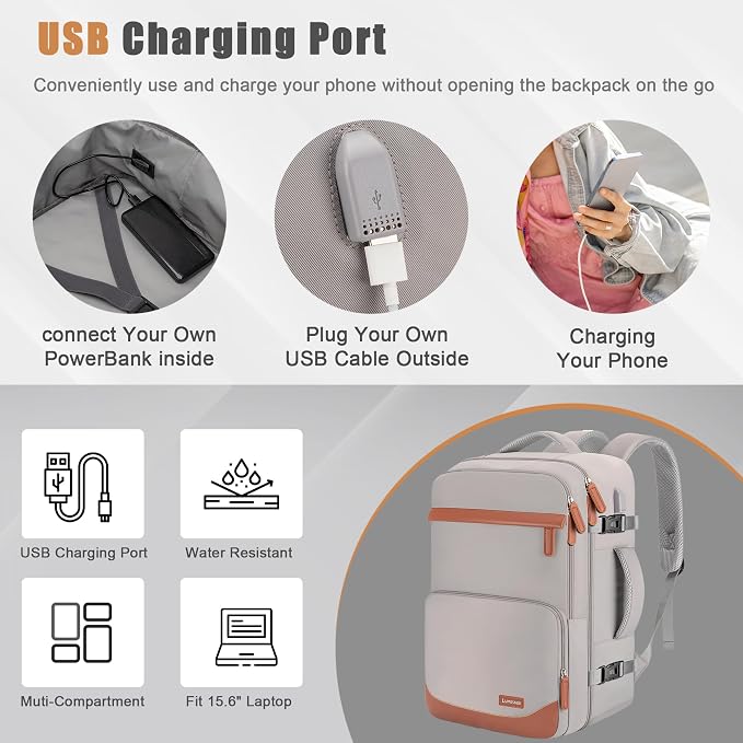 40L Travel Backpack with USB Charging Port, Water-Resistant Carry On Backpack - Image 2