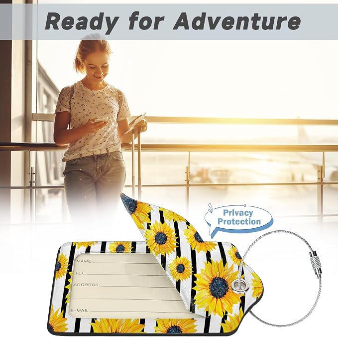 2 Pack Luggage Tag for Suitcase, Sunflowers Striped Leather Suitcase Tags - Image 5