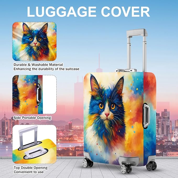 ANNA QUEEN Colorful Cat Luggage Cover, Artistic Blue Cat Design - Image 3