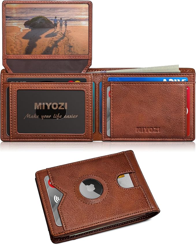 Airtag Wallet for Men, with Cash Pocket 2 ID Window 13 Cards, Slim Leather by Miyozi