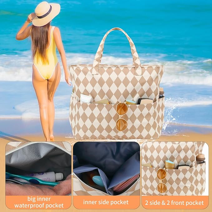 LEDAOU Large Beach Tote Bag Women Waterproof Sandproof Zipper Beach Tote Bag - Image 6