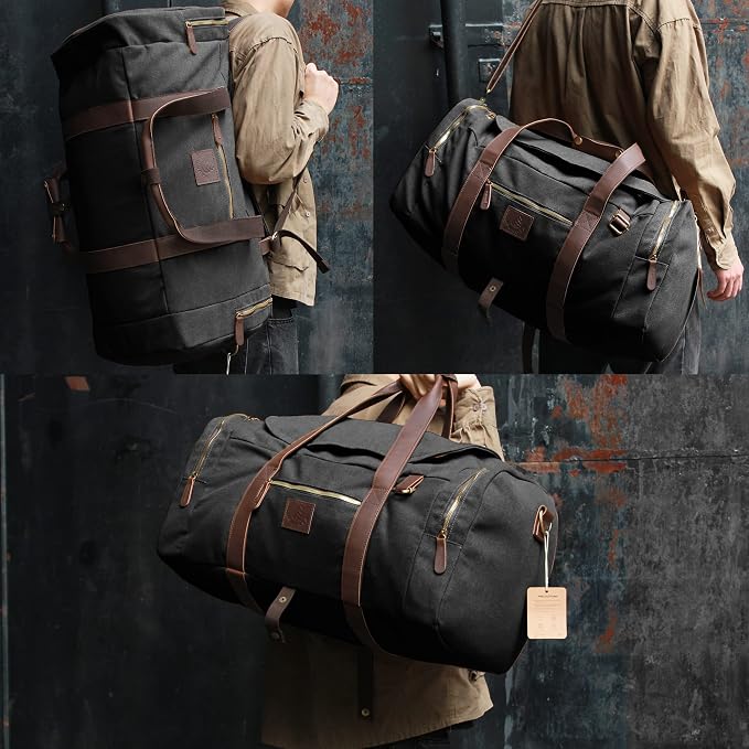 Vintage Canvas Duffle Bag, 50L Genuine Leather Travel Duffel Backpack - Image 2