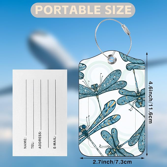 2 Pack Luggage Tags for Suitcases Vintage Blue Dragonflies Leather Luggage Tags - Image 2
