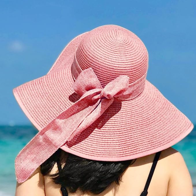 DRESHOW Beach Hats for Women Big Straw Wide Brim Summer Hat Floppy Foldable - Image 2