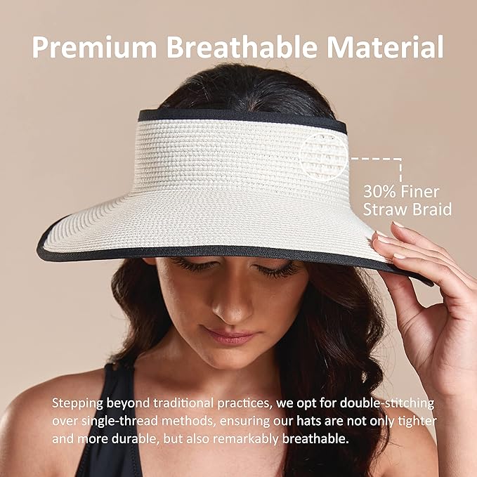 Joywant Womens Sun Visor Hats, Packable Wide Brim Ponytail Beach Hat Straw - Image 6