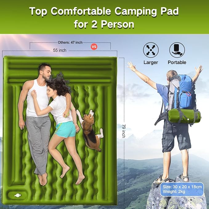 Double Sleeping Pad Camping, Self Inflating 6'' Extra-Thick 2 Person Pillow - Image 4
