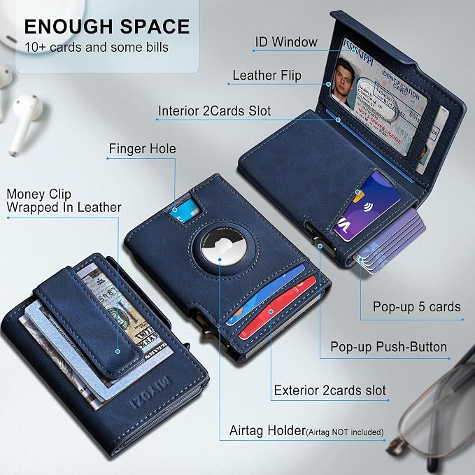 Airtag Wallet for Men, with Money Clip 10 Cards Metal Case Smart Slim Pop Up - Image 2