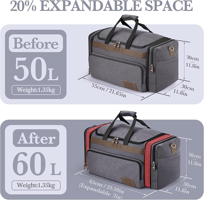 SHOWKOO Duffle Bag for Travel 60L Expandable Canvas Travel Bag Durable Vintage - Image 2