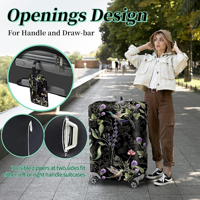 Suitcase Protector Plus 1 Luggage Tag, Wild Flowers Hummingbird Travel Suitcase - Image 4