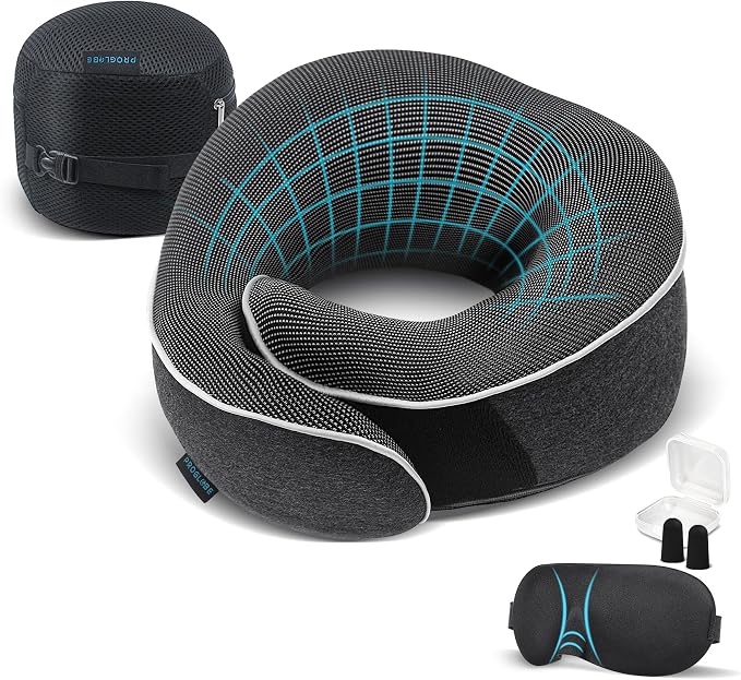 Travel Neck Pillow 100% Memory Foam – Airplane & Car Travel Essentials Kit by Proglobe