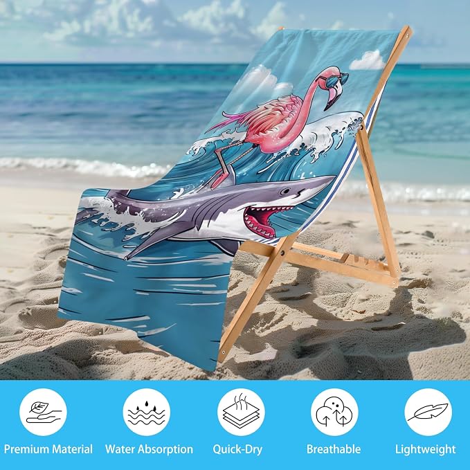 WZOMT Microfiber Flamingo Beach Towel Oversized, Funny Flamingo Riding A Shark - Image 2