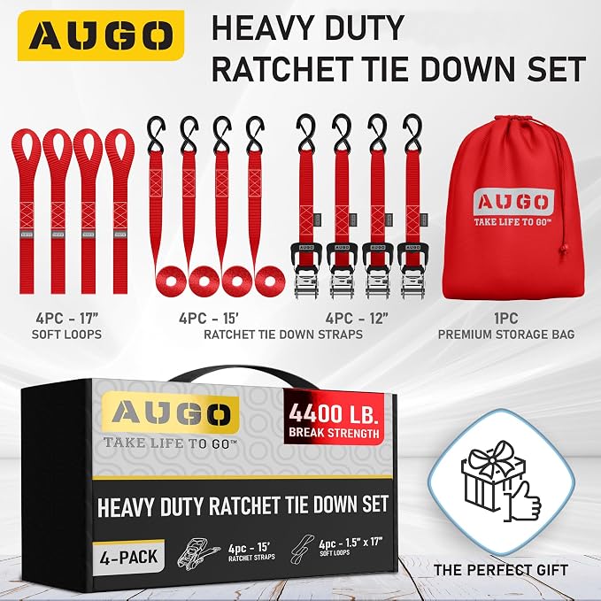 AUGO Heavy Duty Ratchet Straps & Soft Loops – Pack of 4 Extra Strong 1.5” by - Image 4