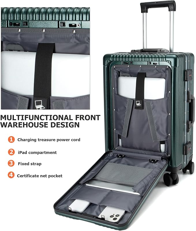 feilario 20in Aluminium Frame PC Hard Shell Spinner Wheels Luggage, Built-In - Image 4