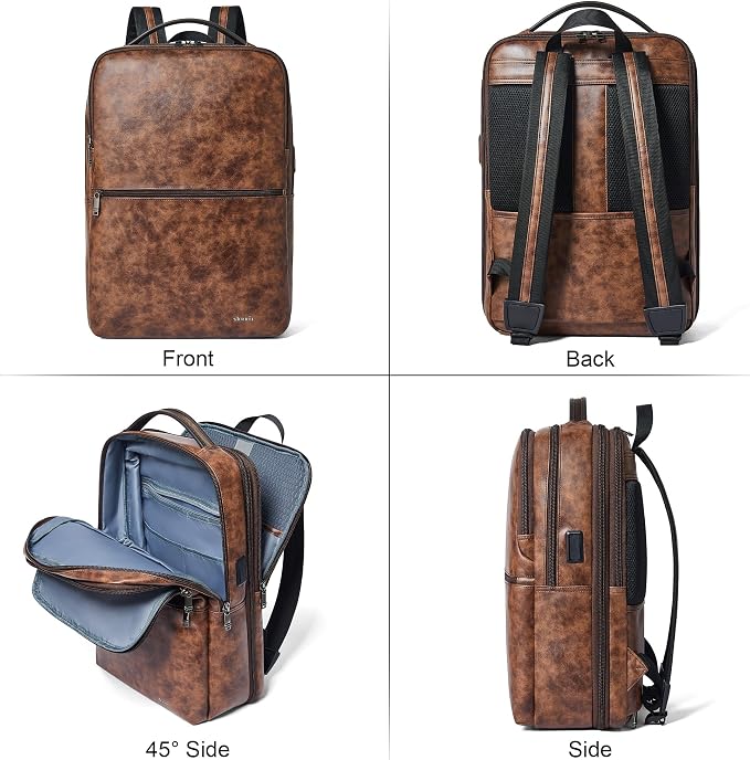Vegan Leather Laptop Backpack for Women&Men, 16 Inch Expandable Backpack - Image 8