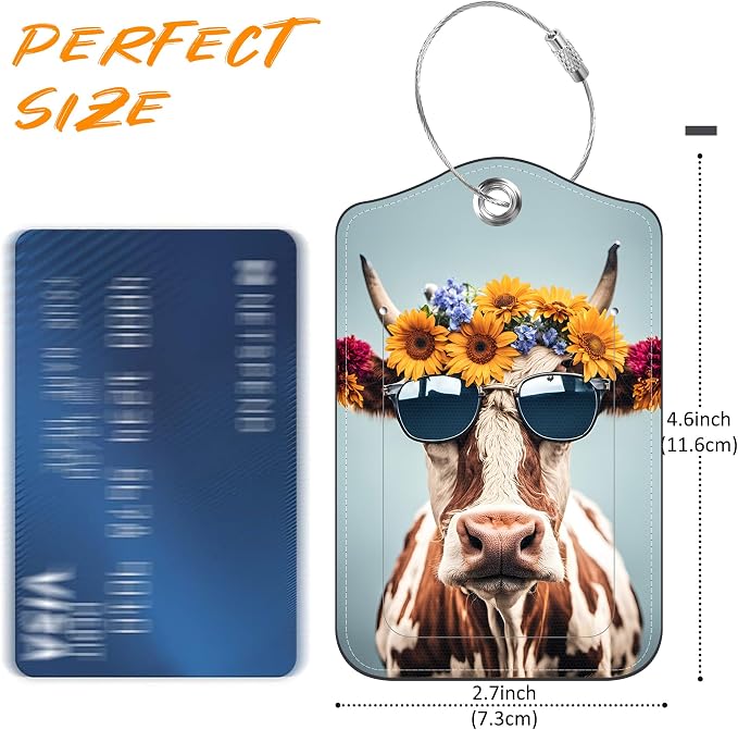 2 Pack Luggage Tag for Suitcase Cool Cow in Sunglasses Leather Travel Cruise - Image 2